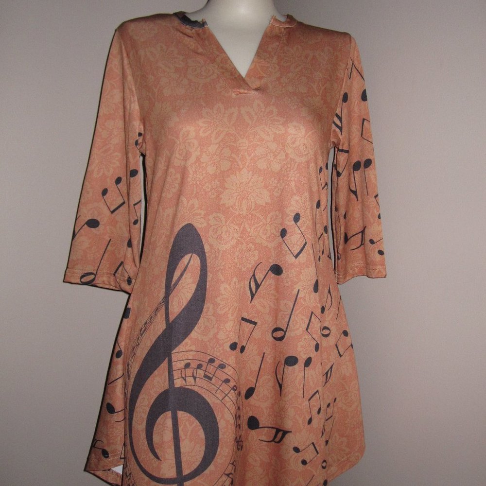 Music Note Print Tunic Top Blouse 3/4 Sleeve Small